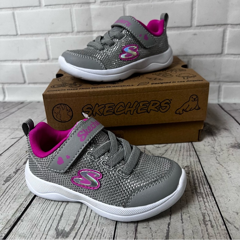 Girl Sz 7 Skechers Toddler Easy Peasy 302885N Gray Pink Silver Washable Sneaker